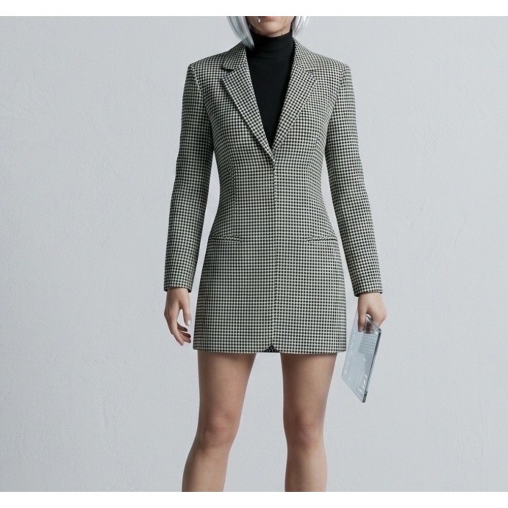 Zara Houndstooth Blazer Dress Women Size S Green Plaid Officecore Dark Academia